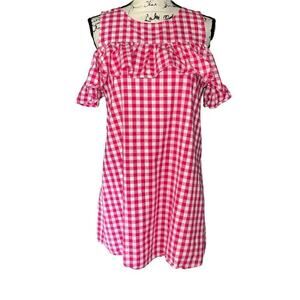 Peach Love white & hot pink checked dress small